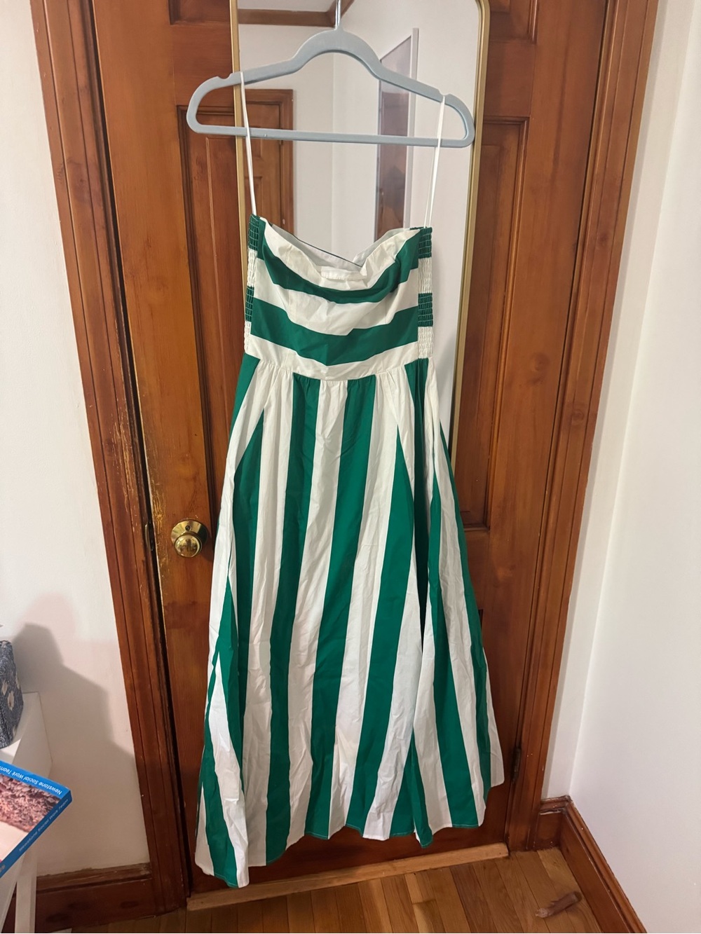 Green and White Strapless Maxi Dress with Vertical Stripes hyacinth house tucker